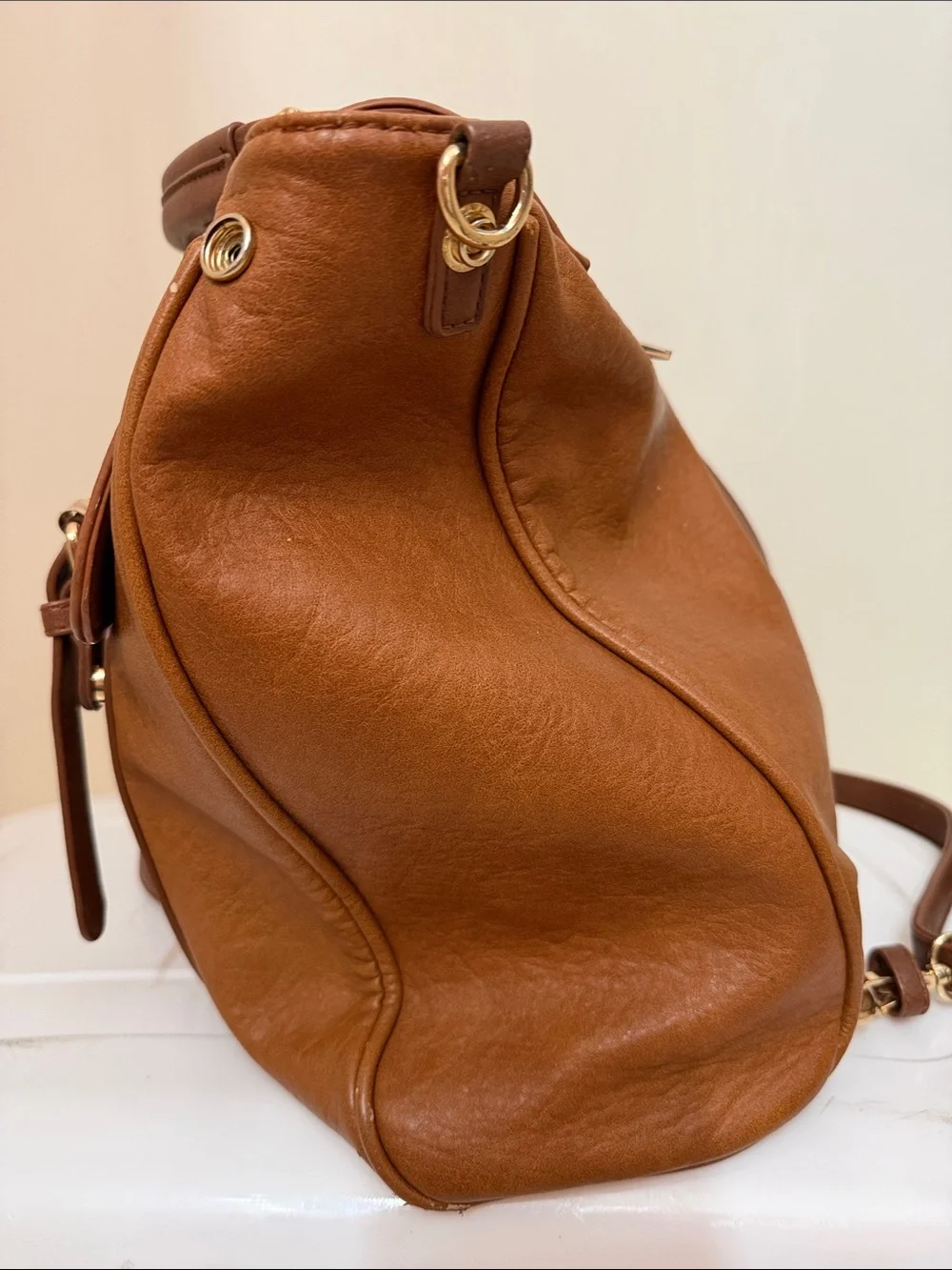 Classic Tan Faux Leather Satchel Handbag